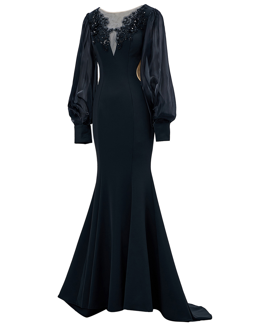 Black Mermaid Illusion Boat Neck Long Sleeves Prom Dress with Appliques