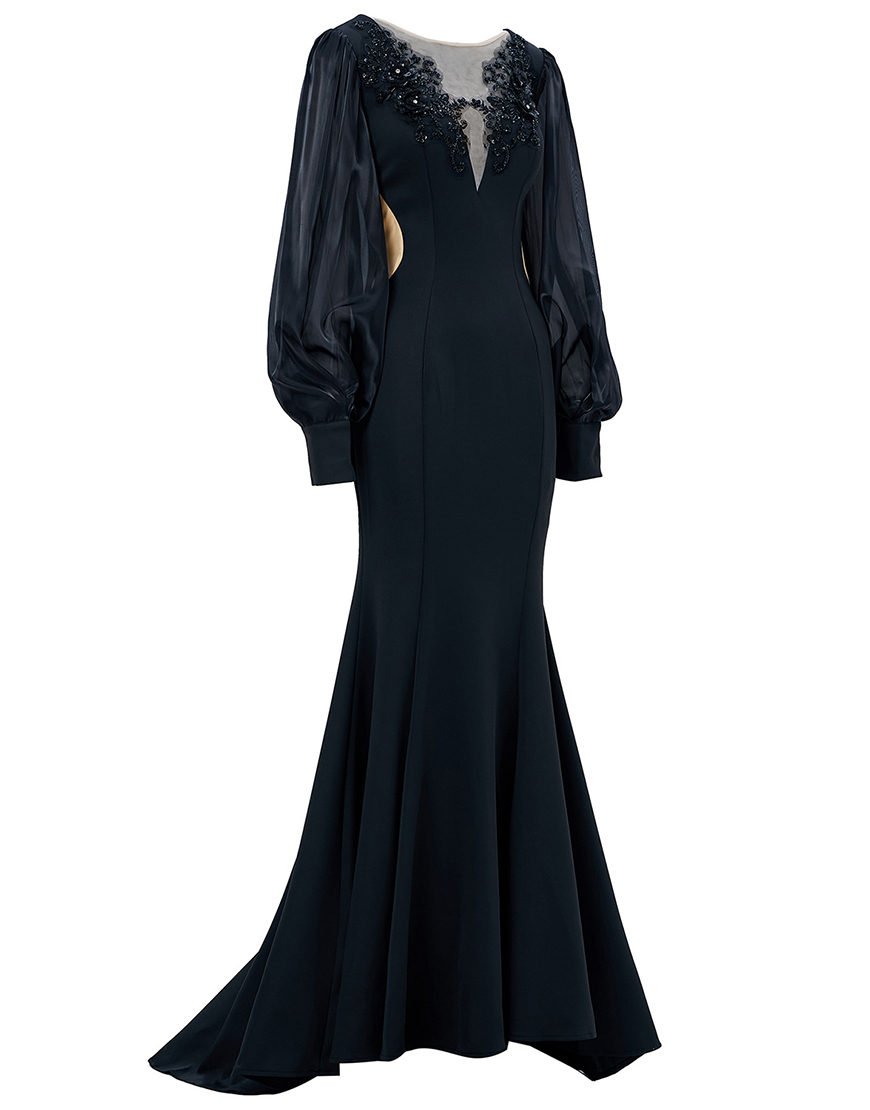 Black Mermaid Illusion Boat Neck Long Sleeves Prom Dress with Appliques