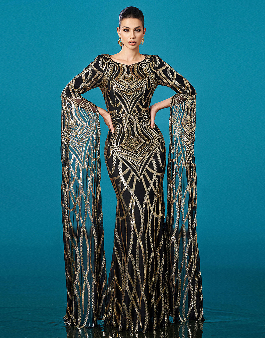 Sparkly Black Golden Mermaid Boat Neck Long Sleeves Prom Dress with Cape