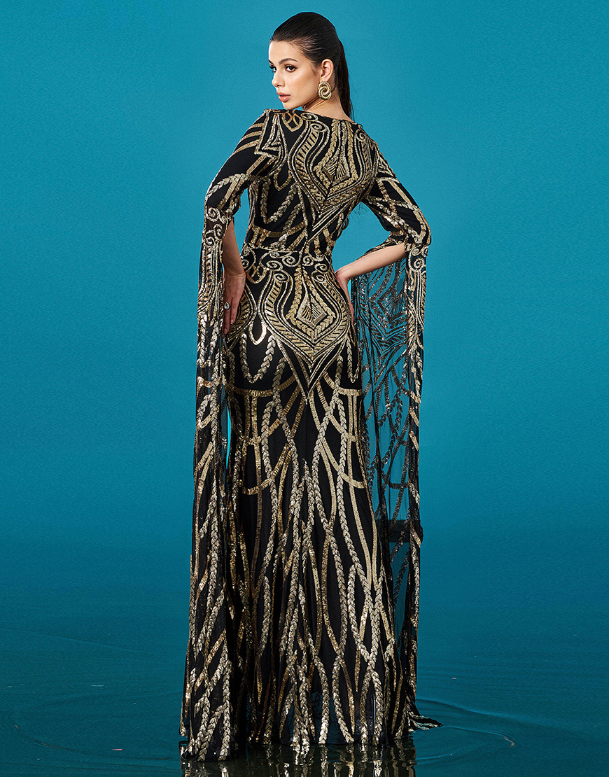 Sparkly Black Golden Mermaid Boat Neck Long Sleeves Prom Dress with Cape