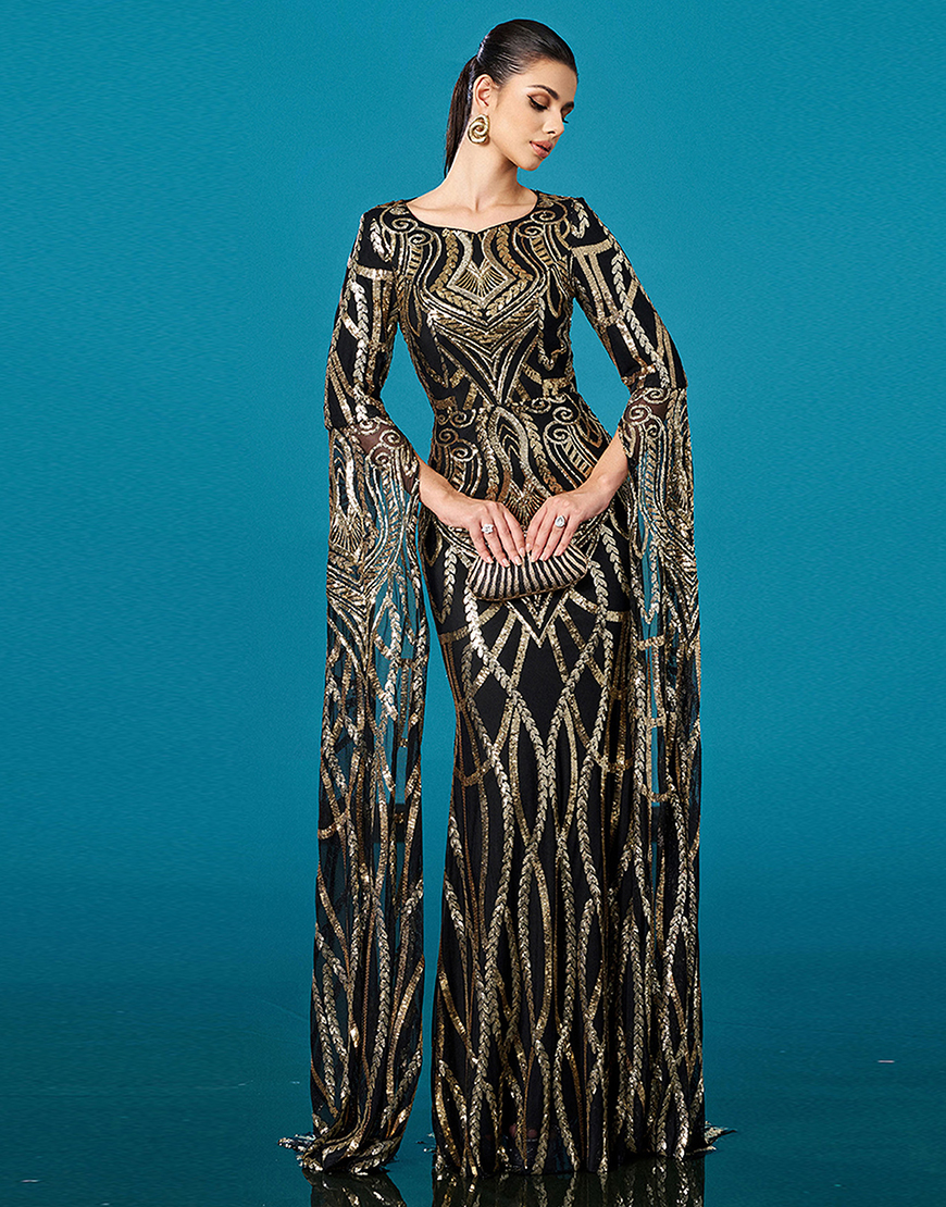 Sparkly Black Golden Mermaid Boat Neck Long Sleeves Prom Dress with Cape