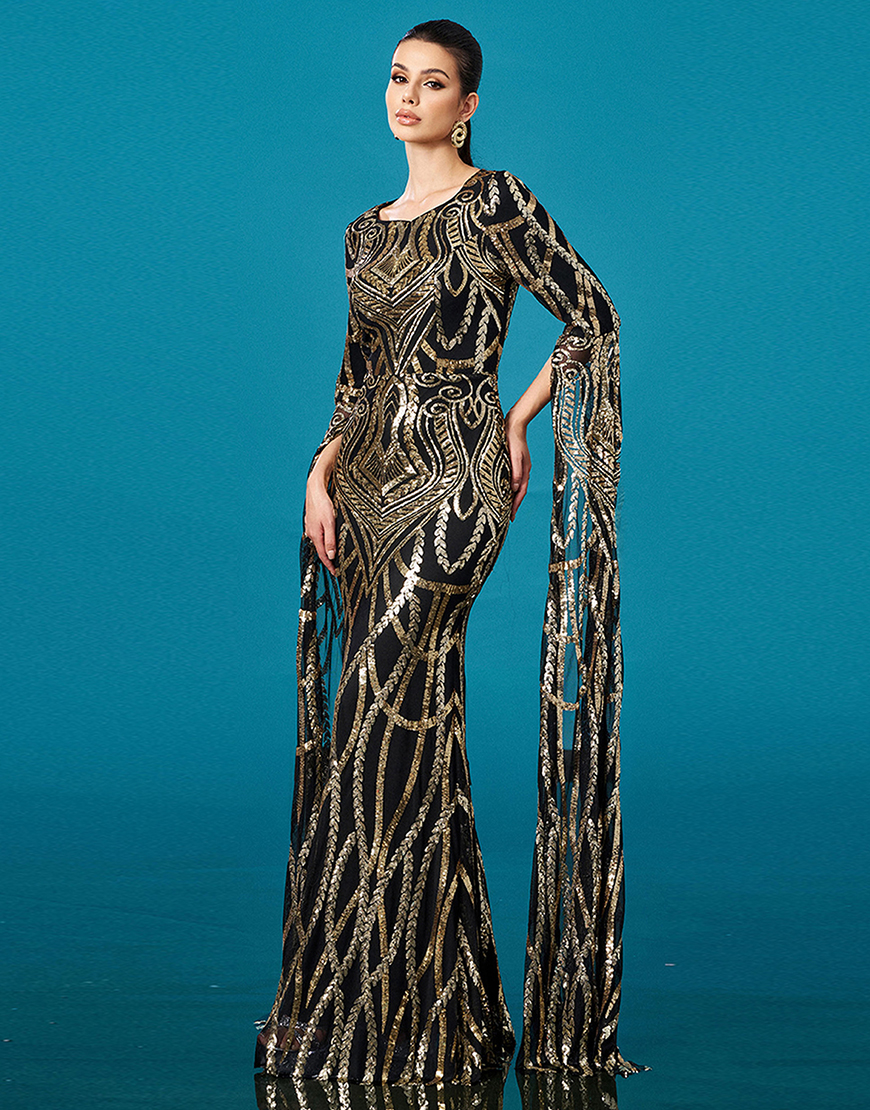 Sparkly Black Golden Mermaid Boat Neck Long Sleeves Prom Dress with Cape