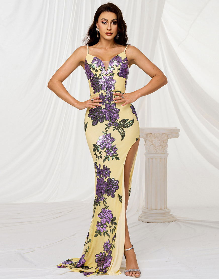 Sparkly Yellow Mermaid Floral Long Prom Dress with Slit