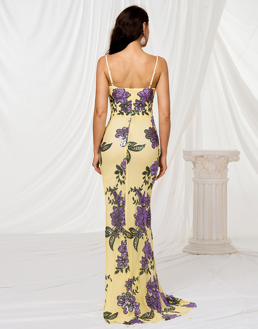 Sparkly Yellow Mermaid Floral Long Prom Dress with Slit