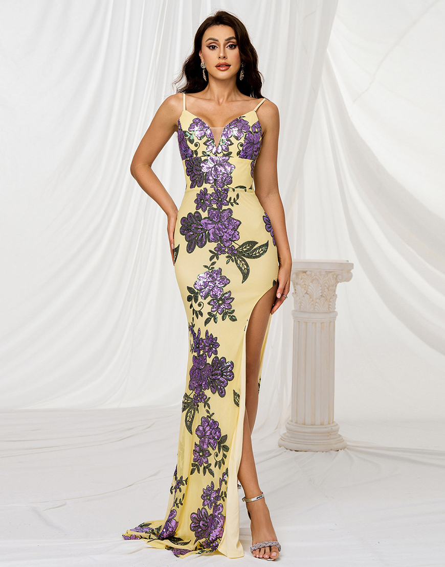 Berlinnova Women Sparkly Yellow Mermaid Floral Long Prom Dress with Slit Spaghetti Straps Gala Dress with Sequins