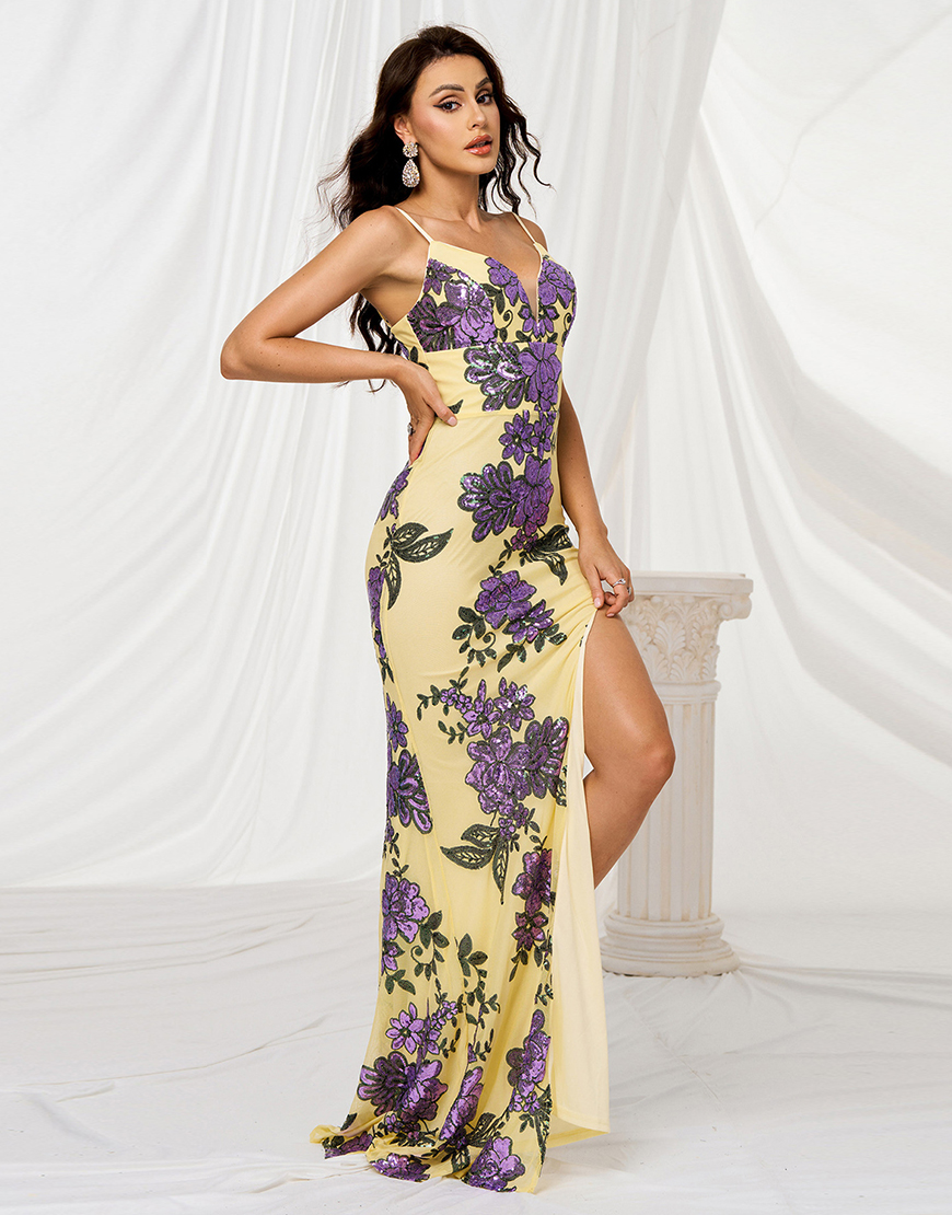 Sparkly Yellow Mermaid Floral Long Prom Dress with Slit