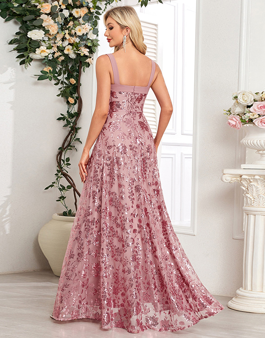 Sparkly Blush A Line Sequin Long Prom Dress with Slit