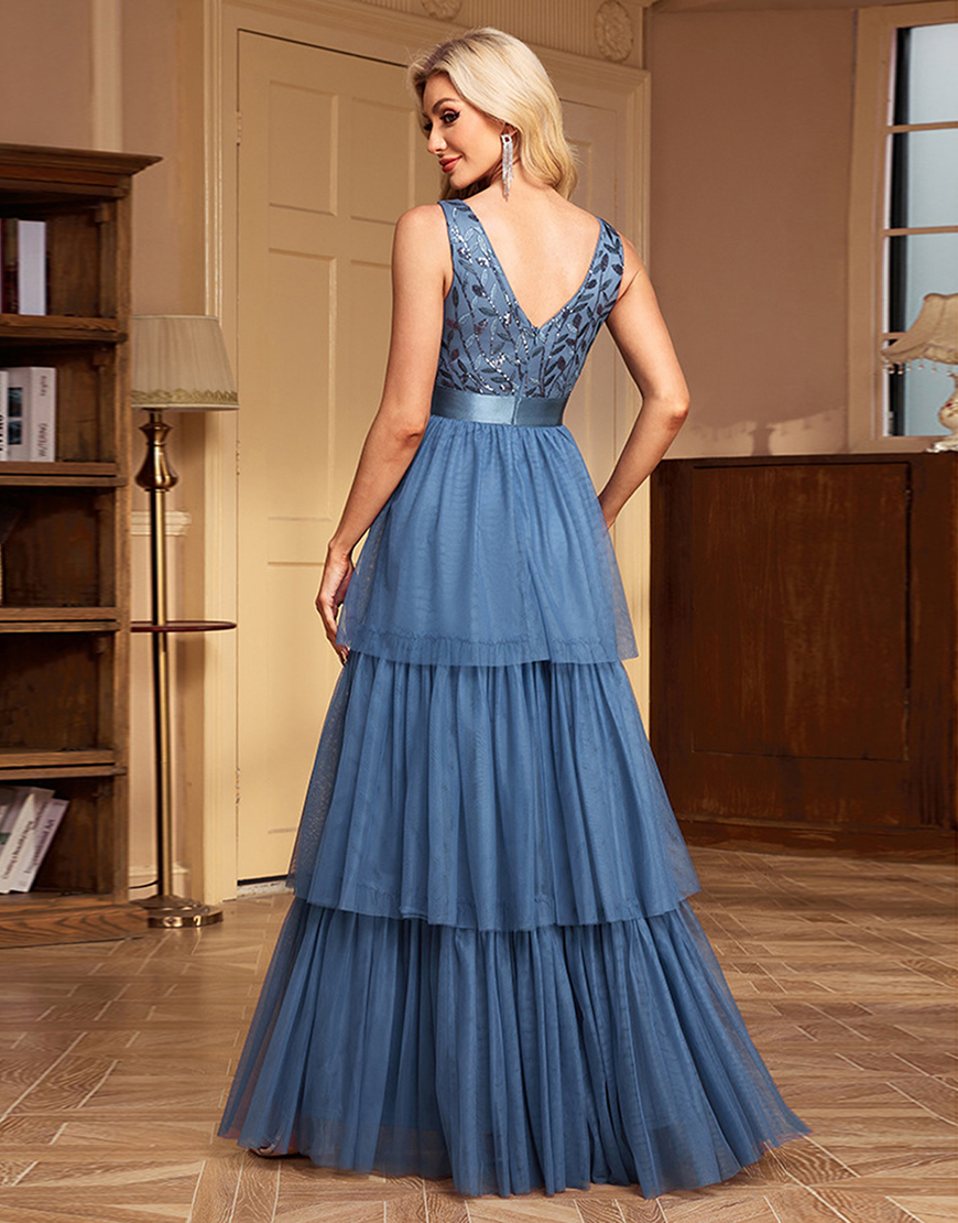 A Line Grey Blue V-Neck Tiered Long Prom Dress