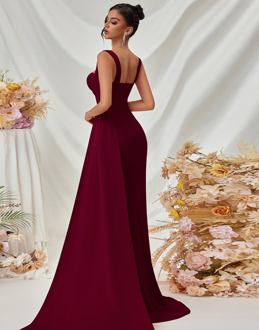 Simple Burgundy Mermaid Long Prom Dress with Side Cape
