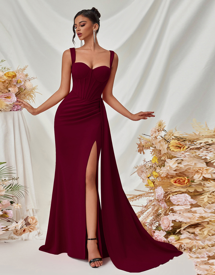 Berlinnova Women Simple Burgundy Satin Long Prom Dress with Side Cape Mermaid Thick Straps Evening Dress with Slit