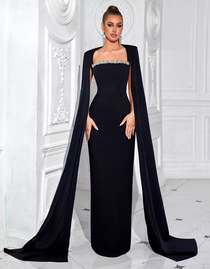 Sparkly Sheath Black Long Prom Dress with Cape