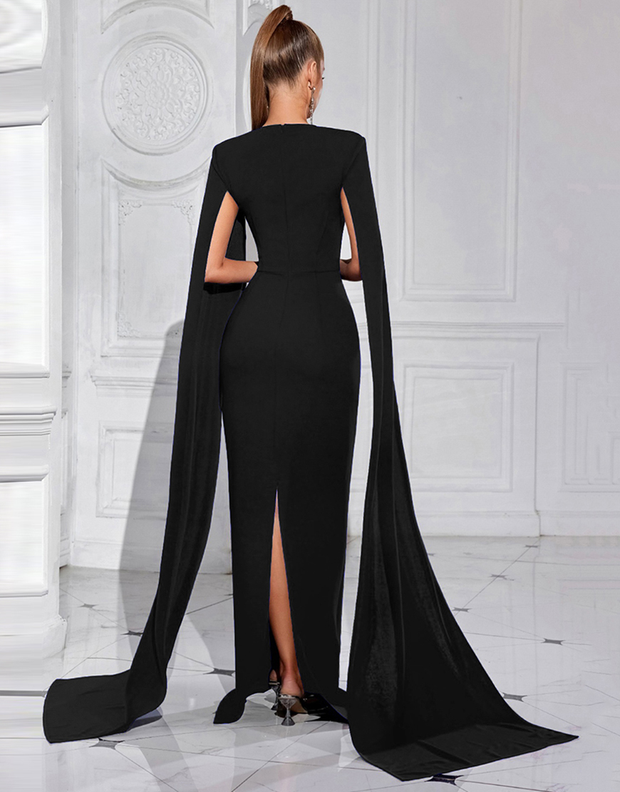 Sparkly Sheath Black Long Prom Dress with Cape