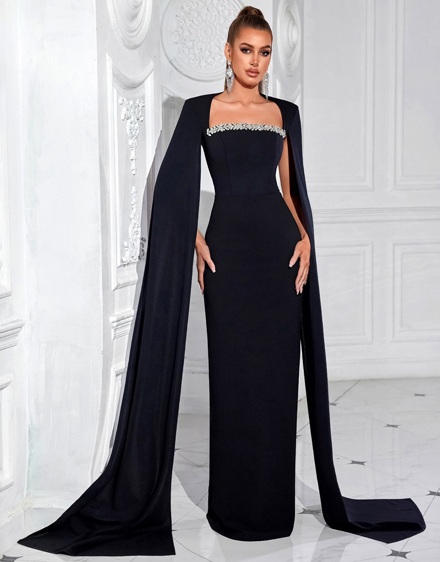 Sparkly Sheath Black Long Prom Dress with Cape