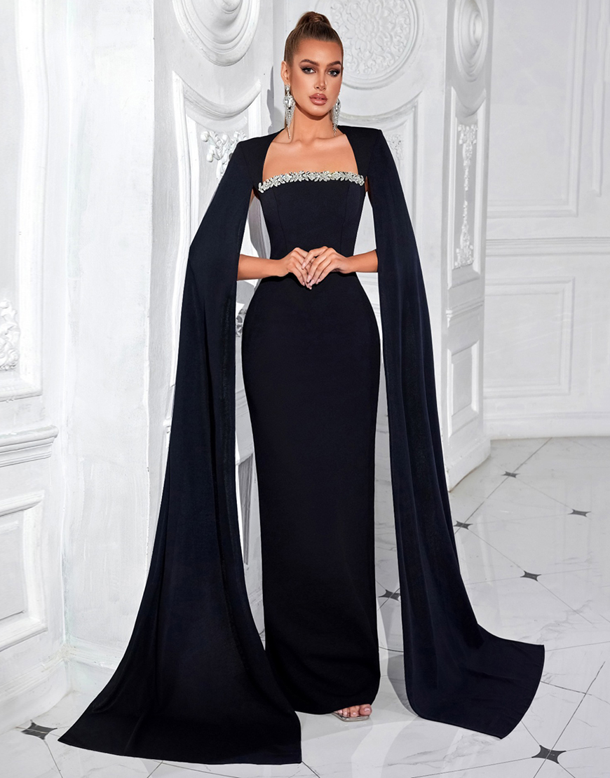 Sparkly Sheath Black Long Prom Dress with Cape