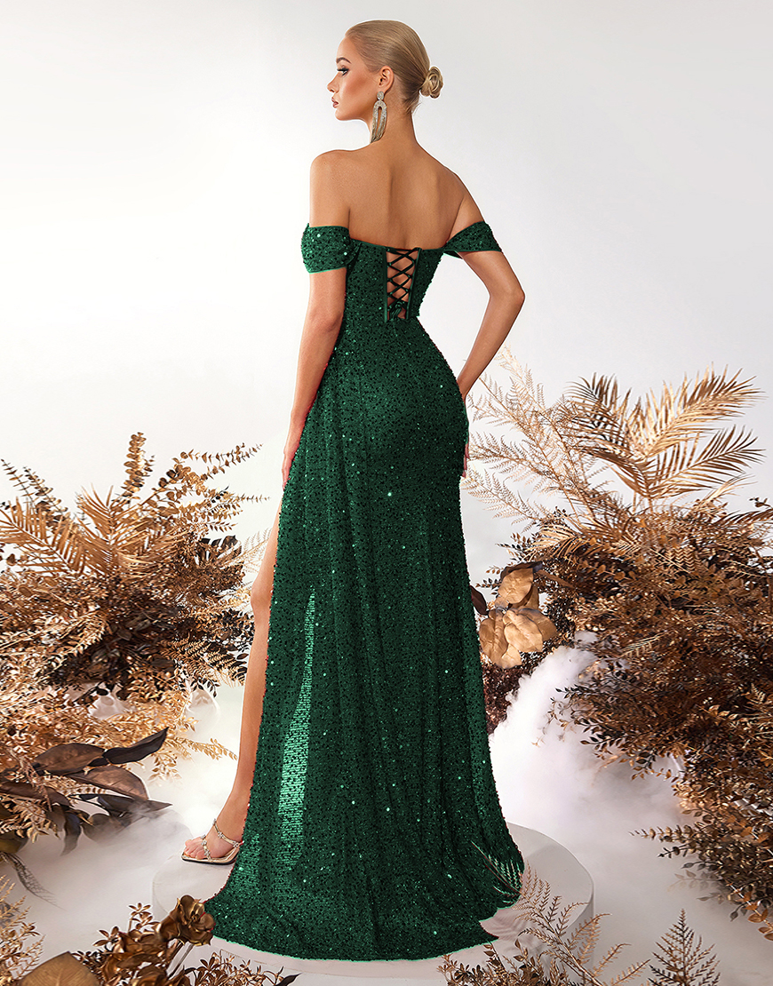 Sparkly Dark Green Corset Sequin Off the Shoulder Long Prom Dress with Slit