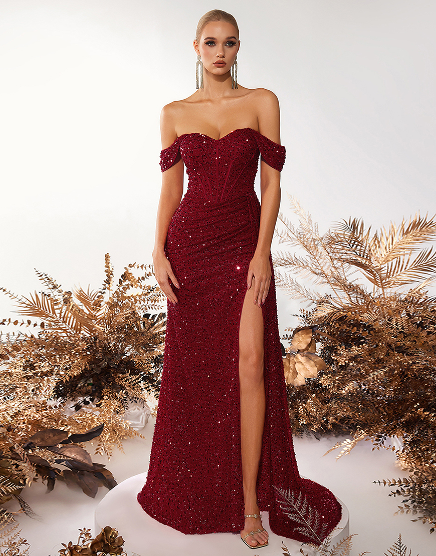 Sparkly Dark Green Corset Sequin Off the Shoulder Long Prom Dress with Slit