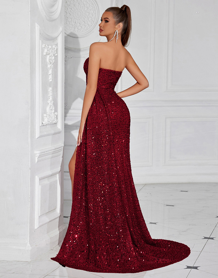Sparkly Burgundy Sweetheart Sequin Long Prom Dress with Side Cape