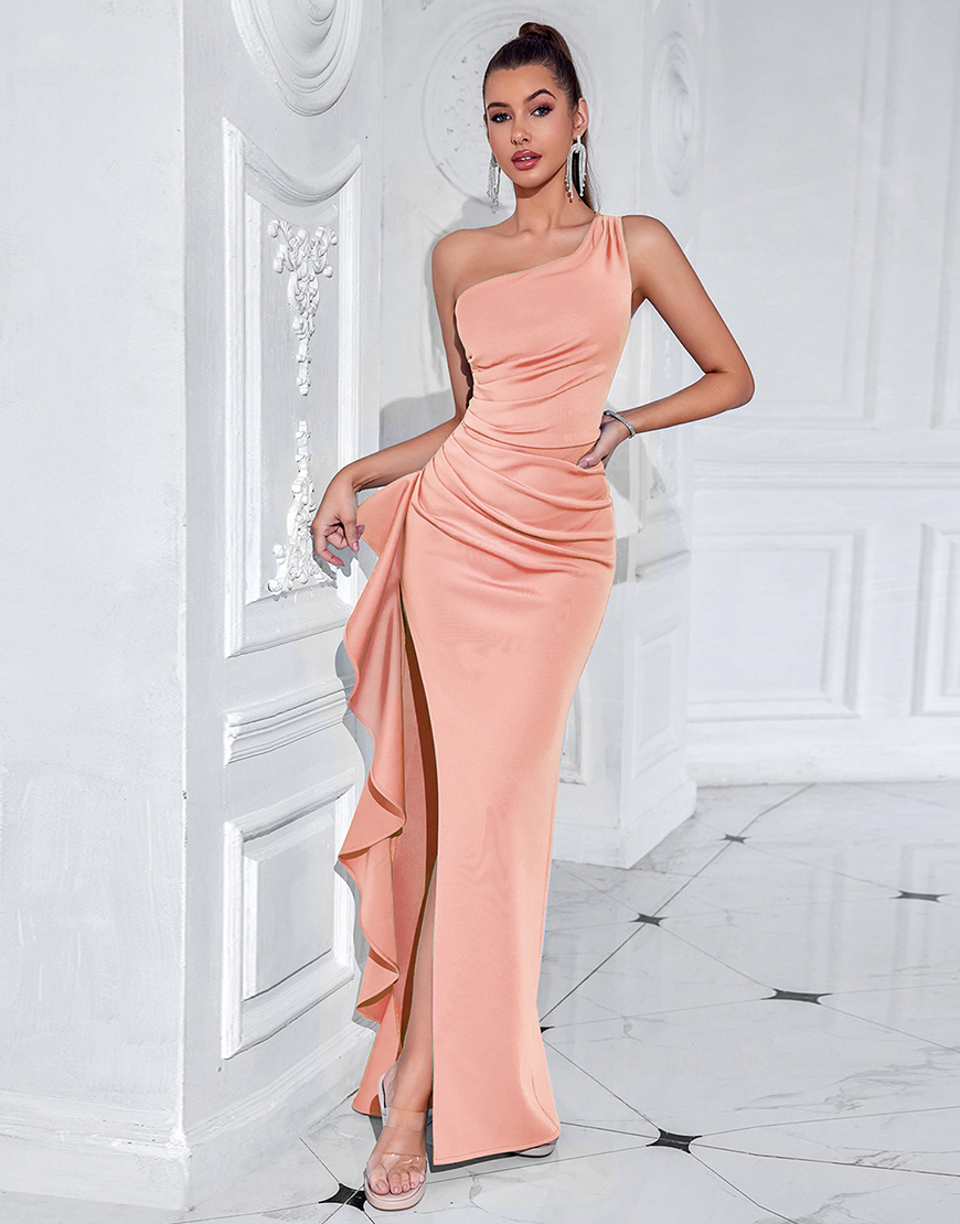 Blush One Shoulder Ruffled Mermaid Long Prom Dress with Slit