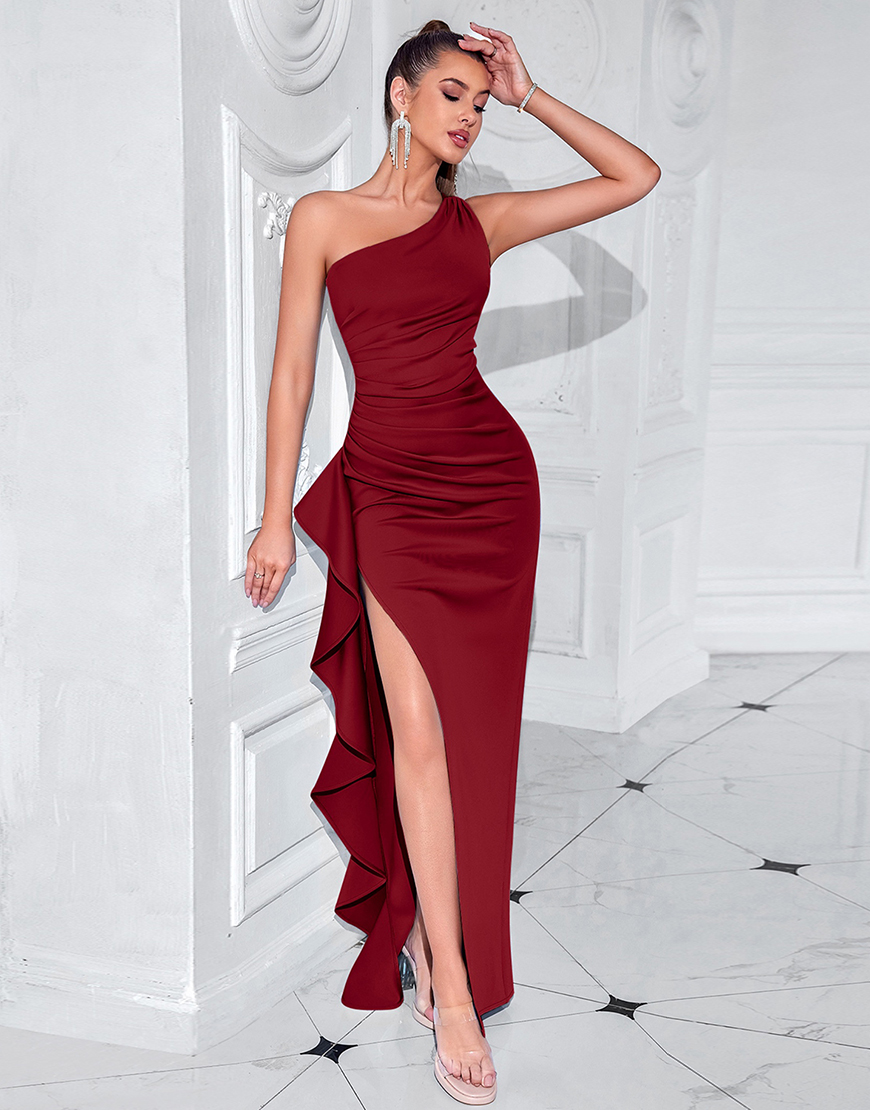 Blush One Shoulder Ruffled Mermaid Long Prom Dress with Slit