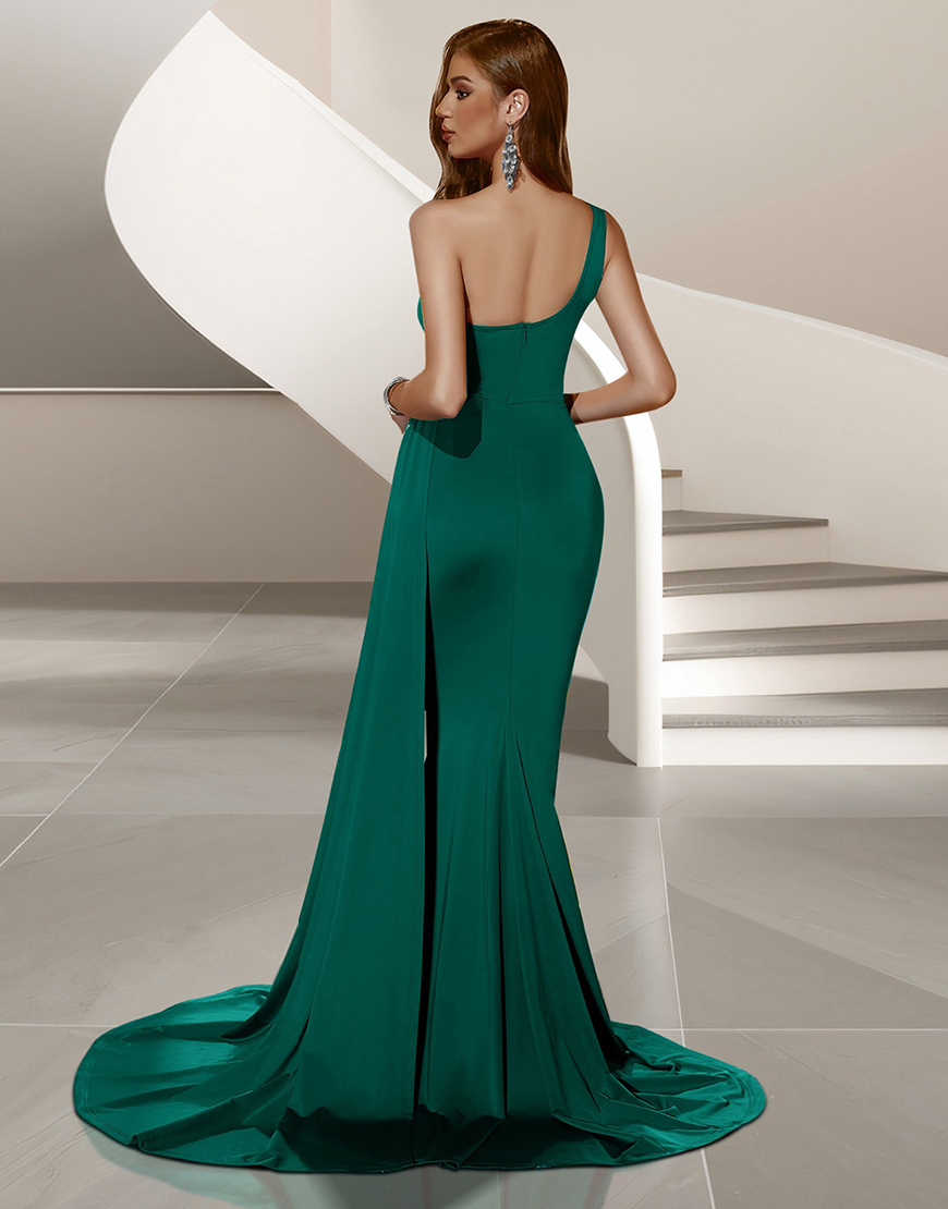 Dark Green Mermaid One Shoulder Ruched Long Satin Prom Dress with Side Cape