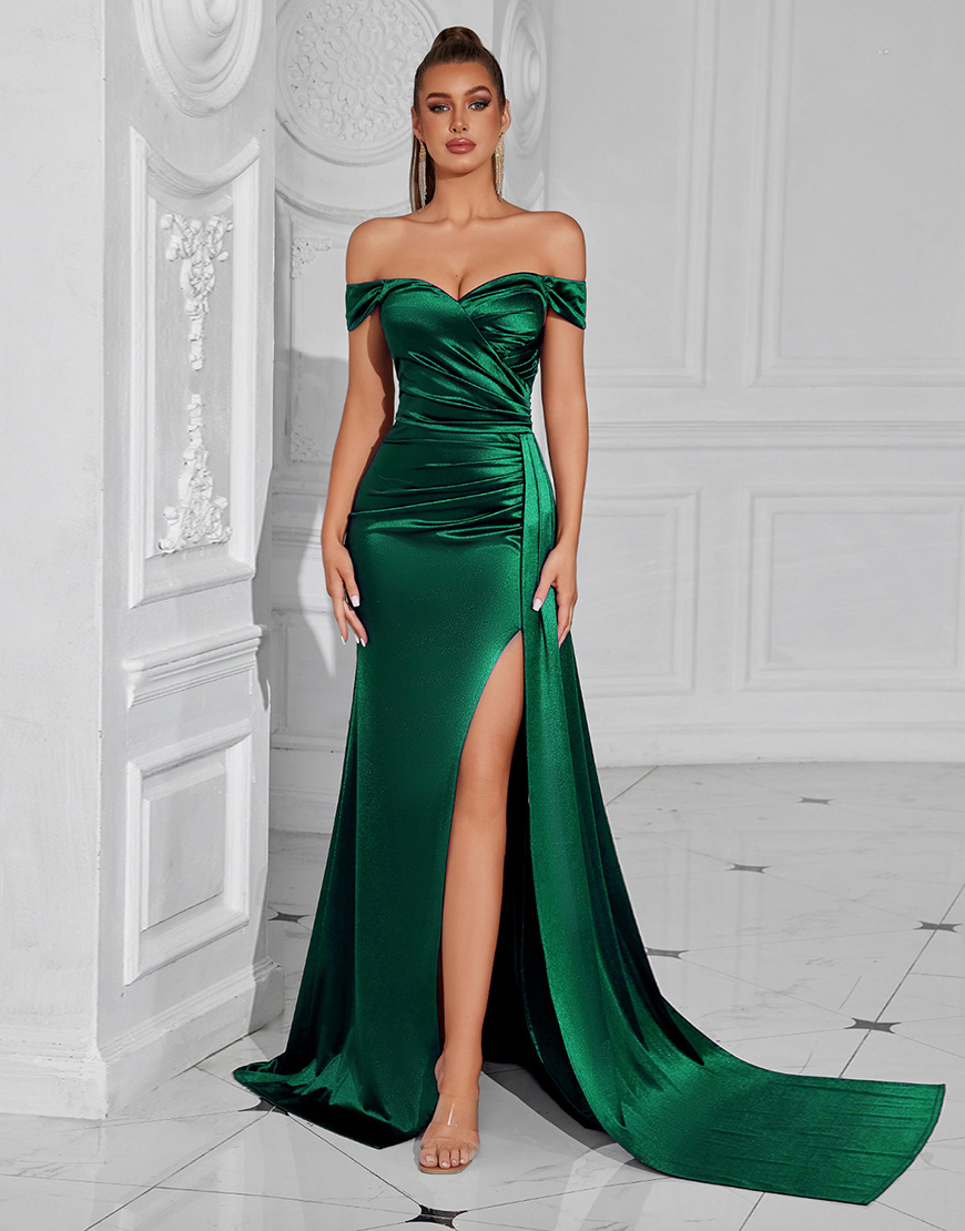 Navy Mermaid Off The Shoulder Ruched Long Prom Dress with Slit