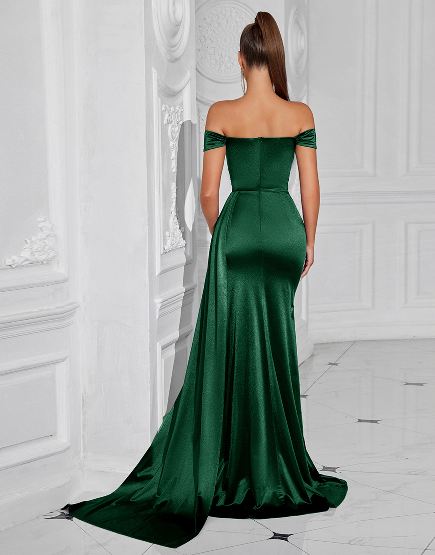 Navy Mermaid Off The Shoulder Ruched Long Prom Dress with Slit