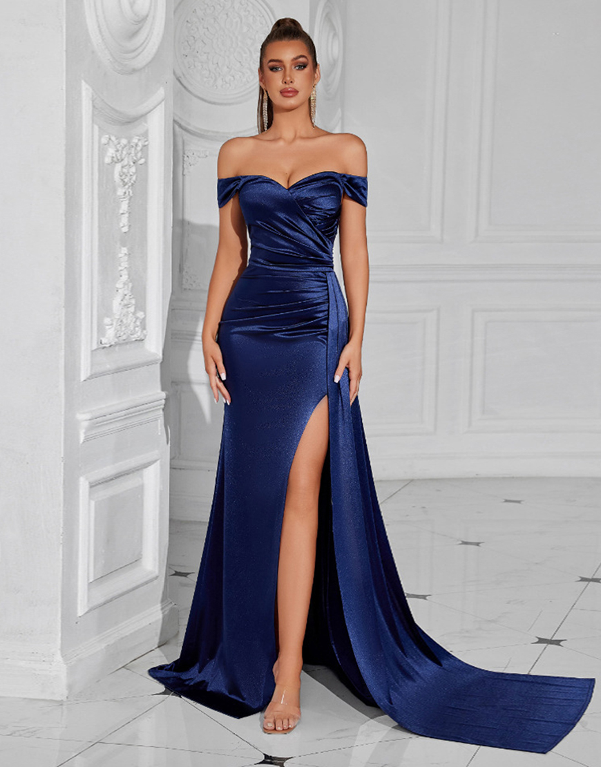 Navy Mermaid Off The Shoulder Ruched Long Prom Dress with Slit