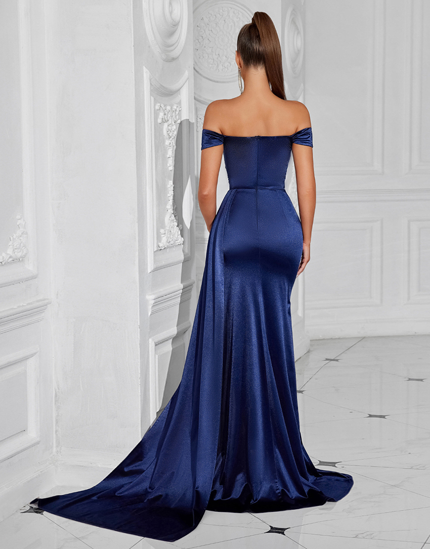 Navy Mermaid Off The Shoulder Ruched Long Prom Dress with Slit