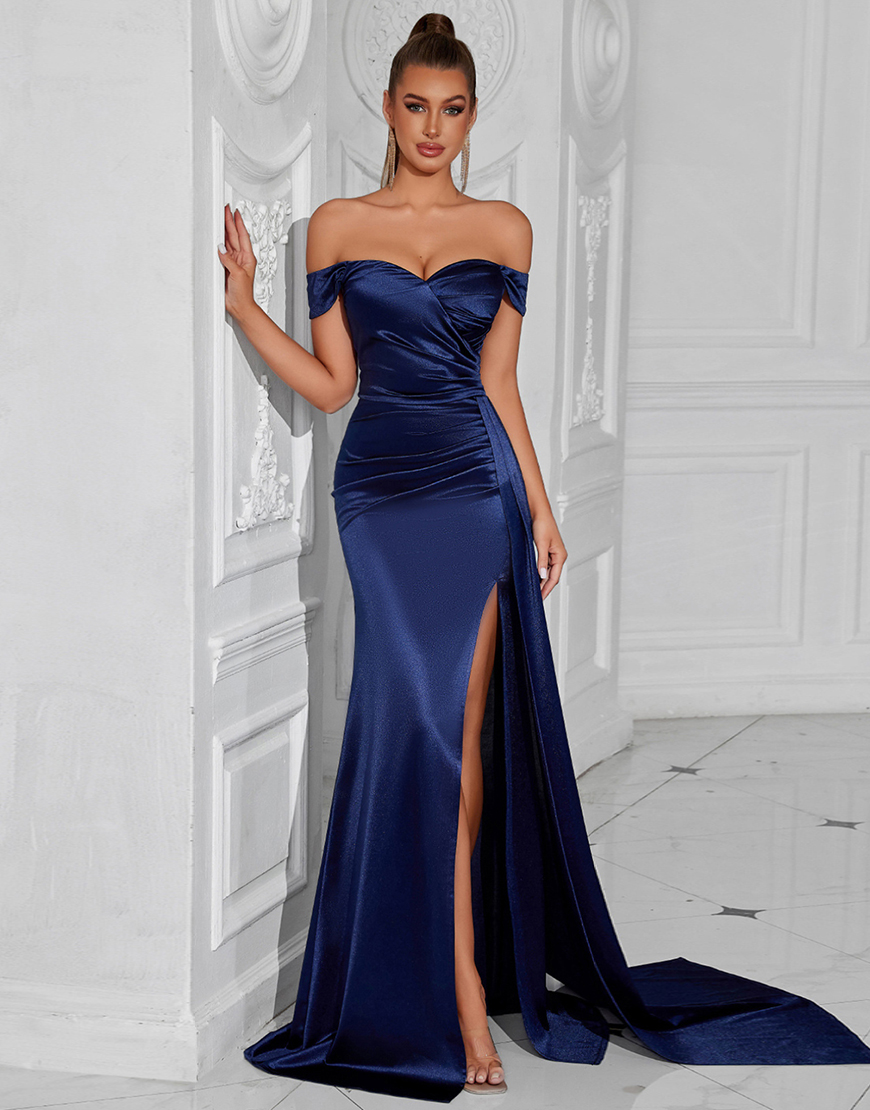 Navy Mermaid Off The Shoulder Ruched Long Prom Dress with Slit