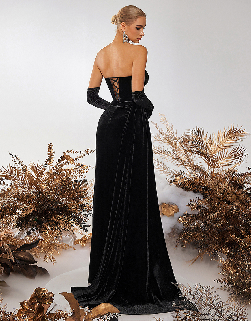 Burgundy Velvet Sheath Strapless Ruched Long Corset Prom Dress with Slit