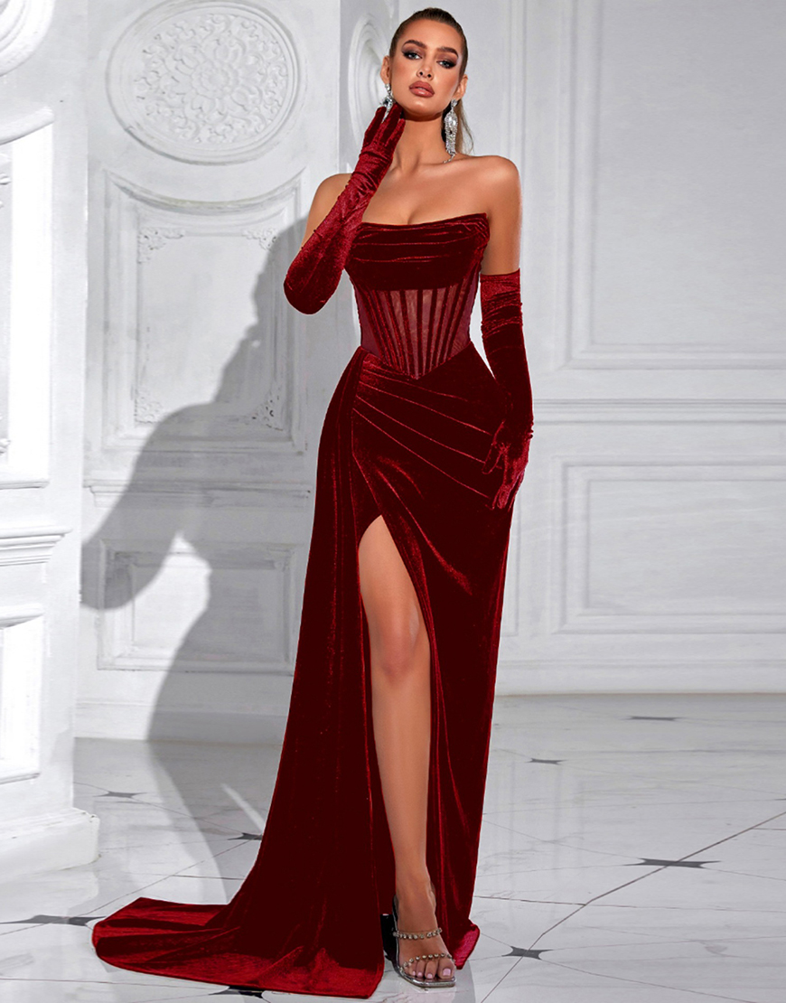 Burgundy Velvet Sheath Strapless Ruched Long Corset Prom Dress with Slit