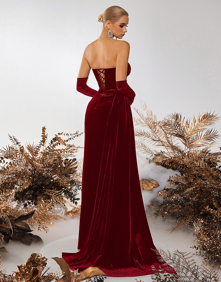Burgundy Velvet Sheath Strapless Ruched Long Corset Prom Dress with Slit