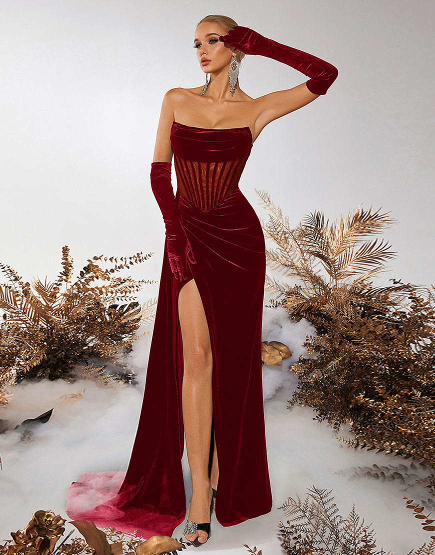 Burgundy Velvet Sheath Strapless Ruched Long Corset Prom Dress with Slit