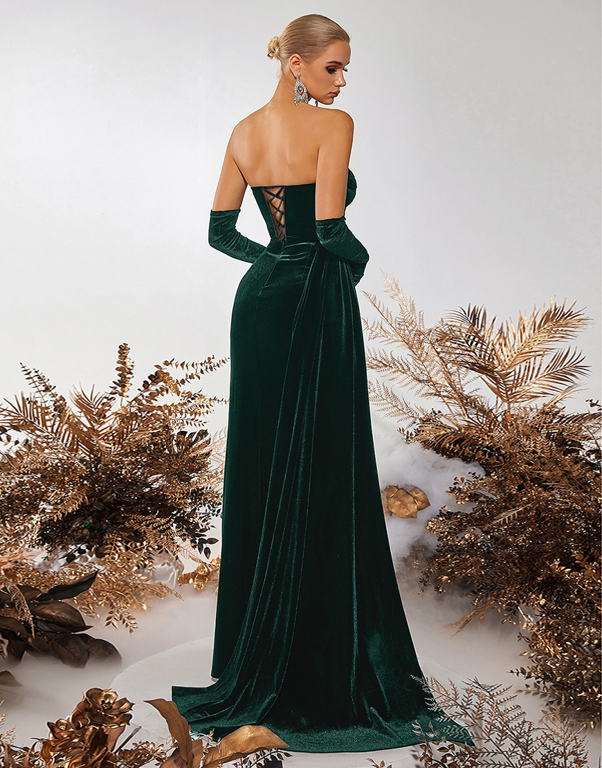 Burgundy Velvet Sheath Strapless Ruched Long Corset Prom Dress with Slit