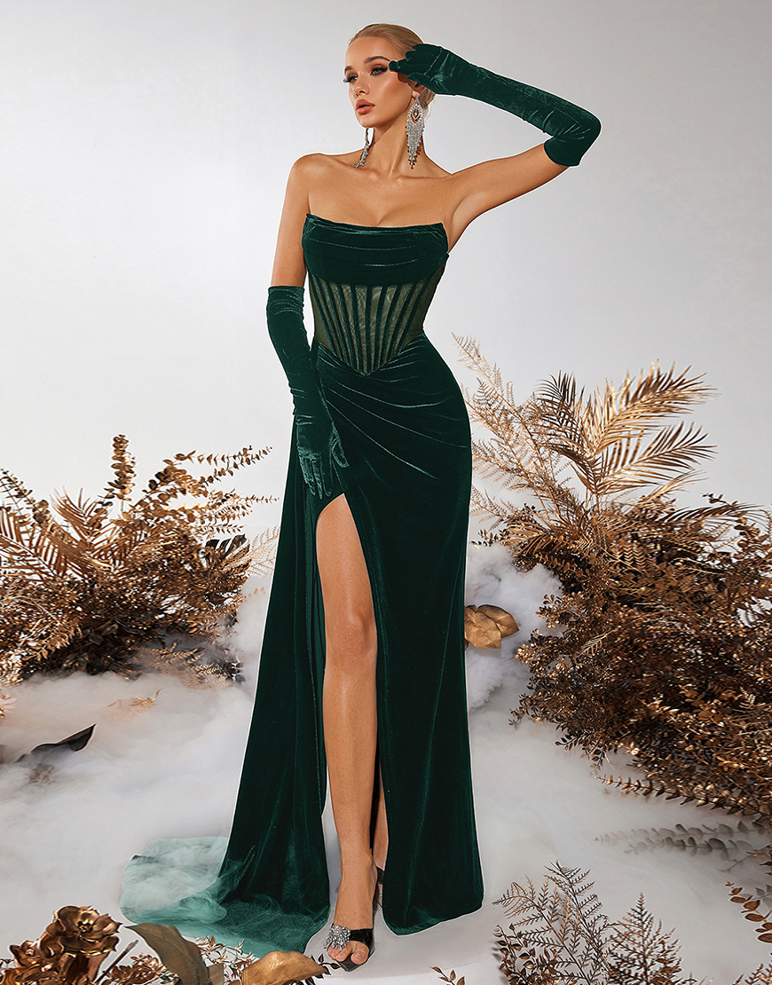 Burgundy Velvet Sheath Strapless Ruched Long Corset Prom Dress with Slit