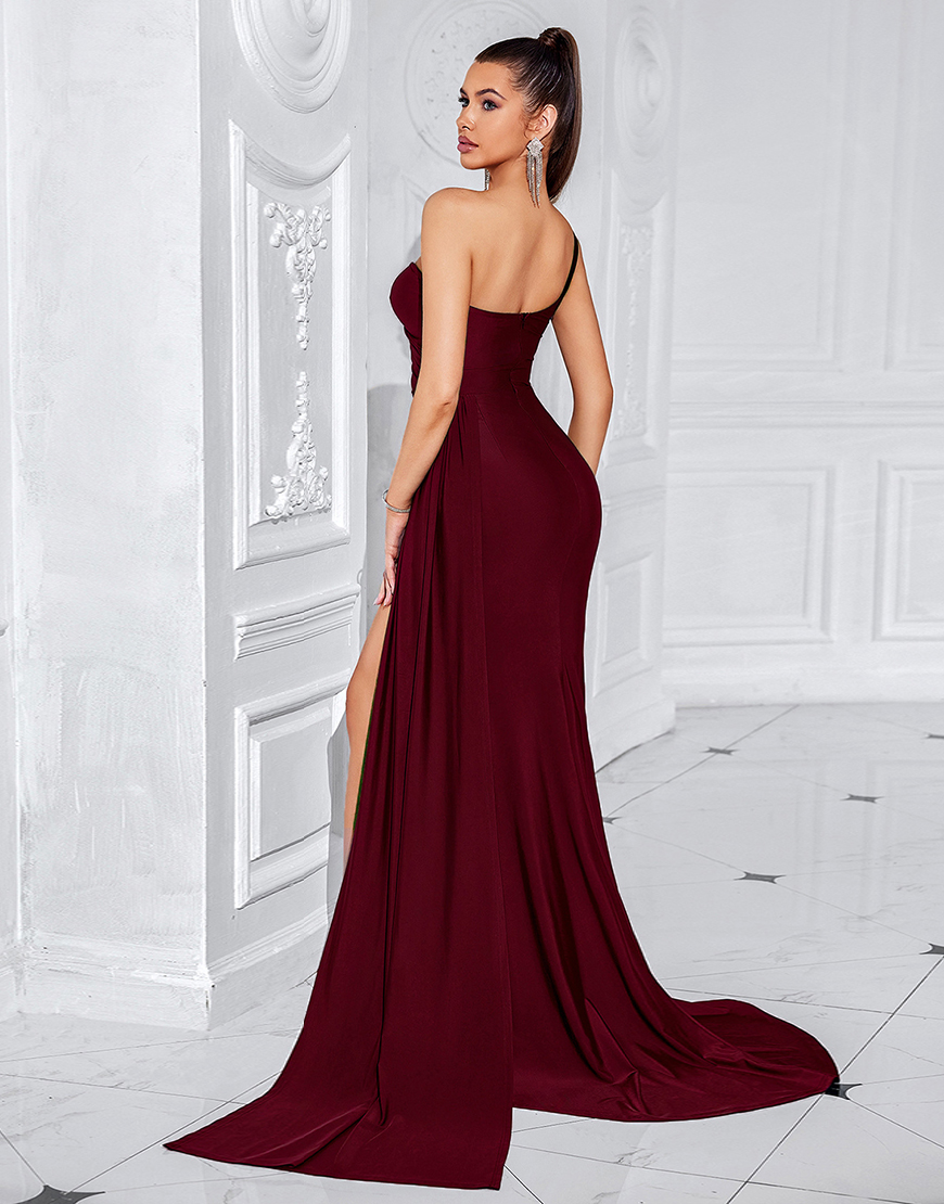 Burgundy Mermaid One Shoulder Ruched Long Prom Dress with Slit