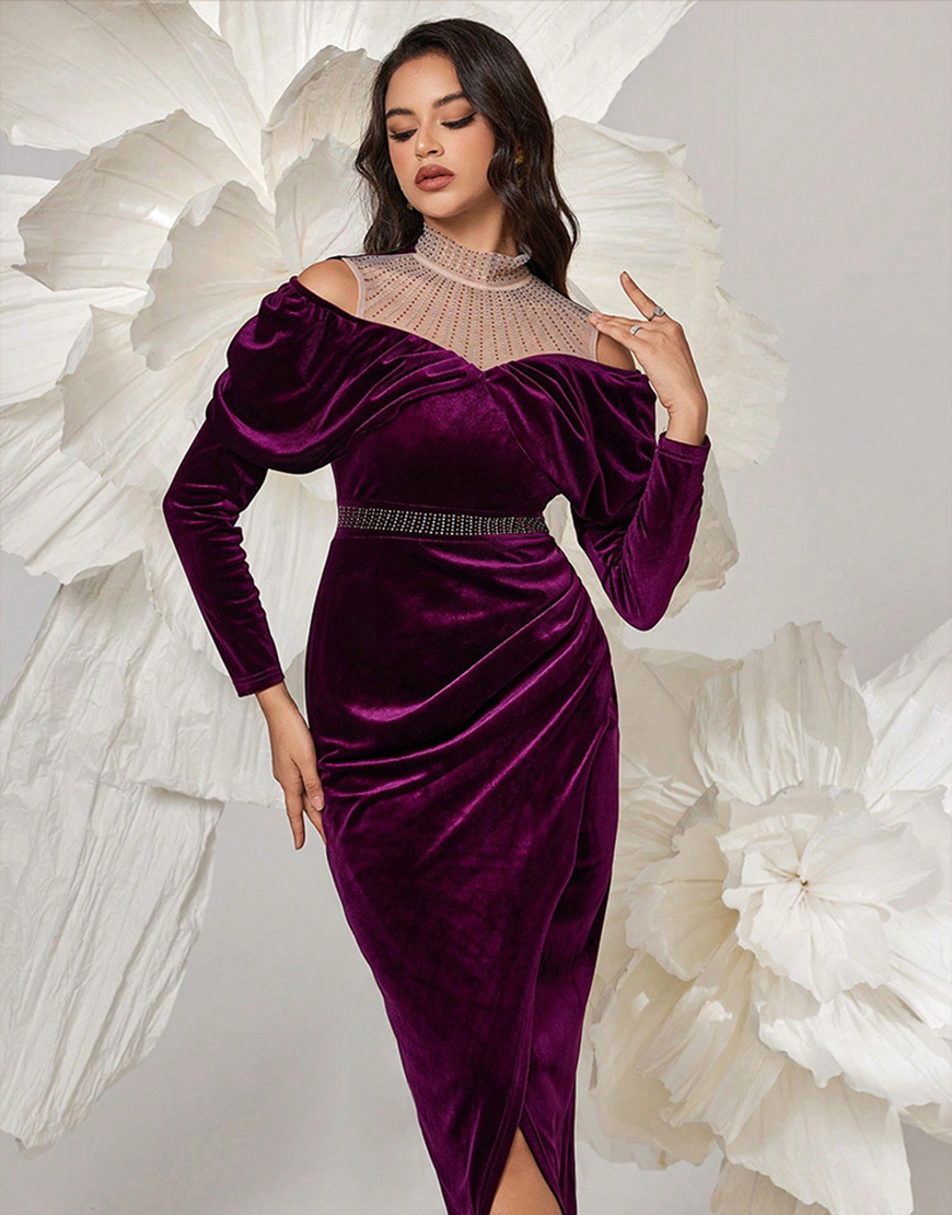 Dark Purple Bodycon High Neck Velvet Ruched Long Sleeves Prom Dress
