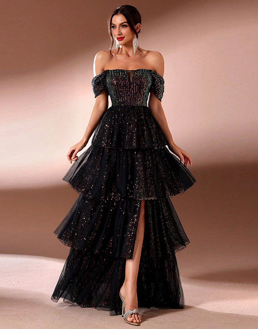 Sparkly Black A Line Off The Shoulder Tiered Long Prom Dress with Slit