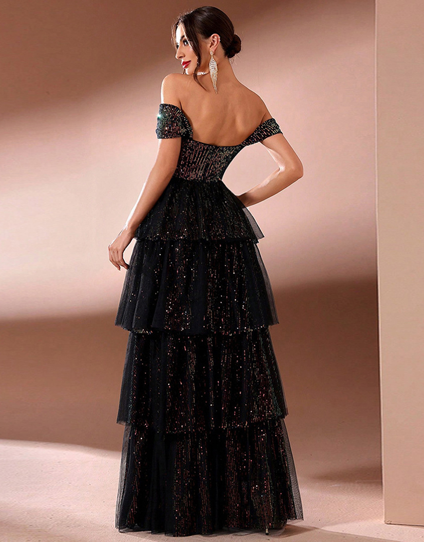 Sparkly Black A Line Off The Shoulder Tiered Long Prom Dress with Slit