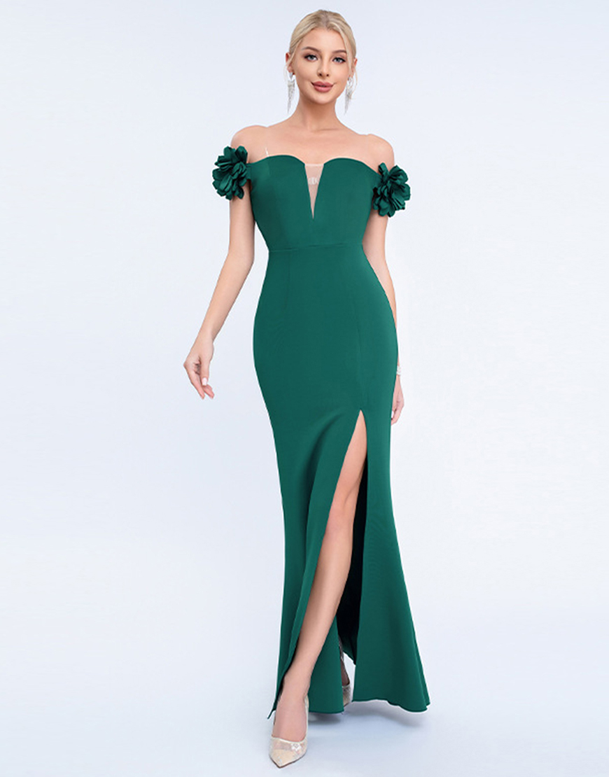 Dark Green Mermaid Off The Shoulder Long Prom Dress with 3D Flowers