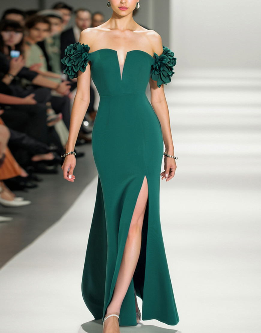 Dark Green Mermaid Off The Shoulder Long Prom Dress with 3D Flowers