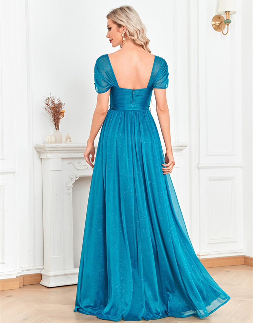 A Line Blue Sweetheart Ruched Sash Long Prom Dress with Slit