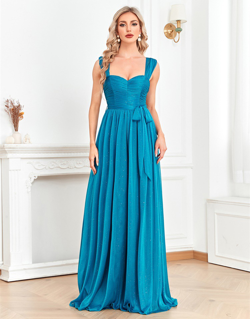 A Line Blue Sweetheart Ruched Sash Long Prom Dress with Slit