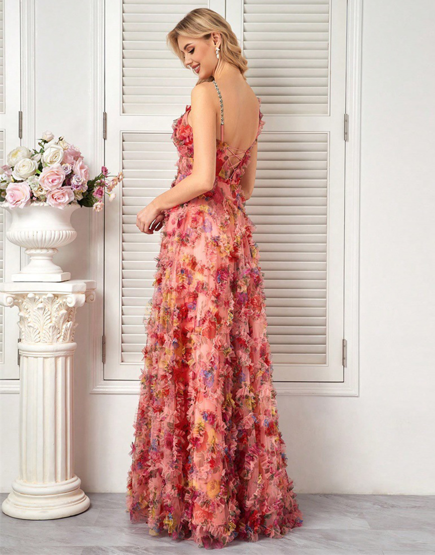 A Line Floral Blush Spaghetti Straps Long Prom Dress with Ruffles