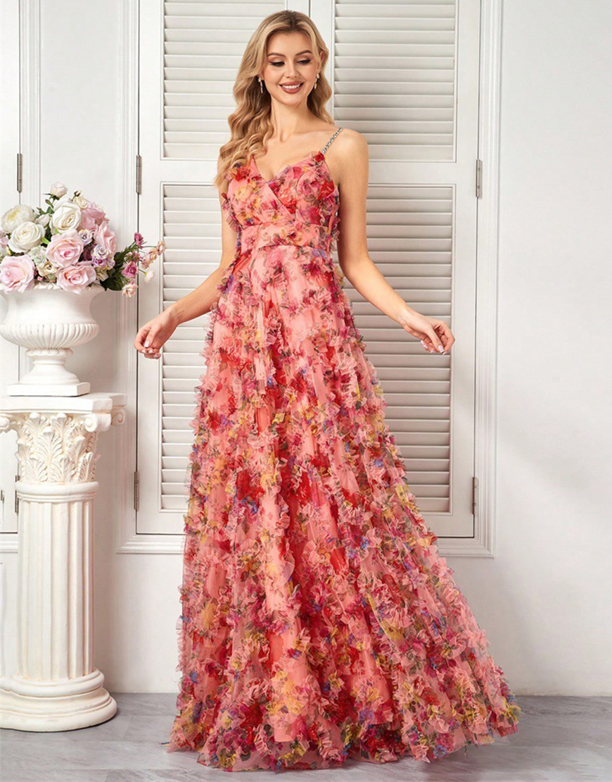 A Line Floral Blush Spaghetti Straps Long Prom Dress with Ruffles