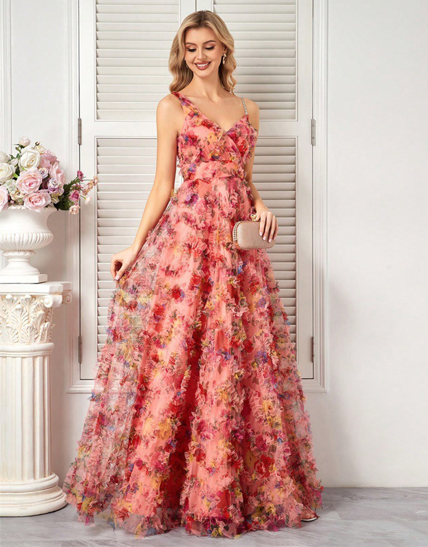 A Line Floral Blush Spaghetti Straps Long Prom Dress with Ruffles