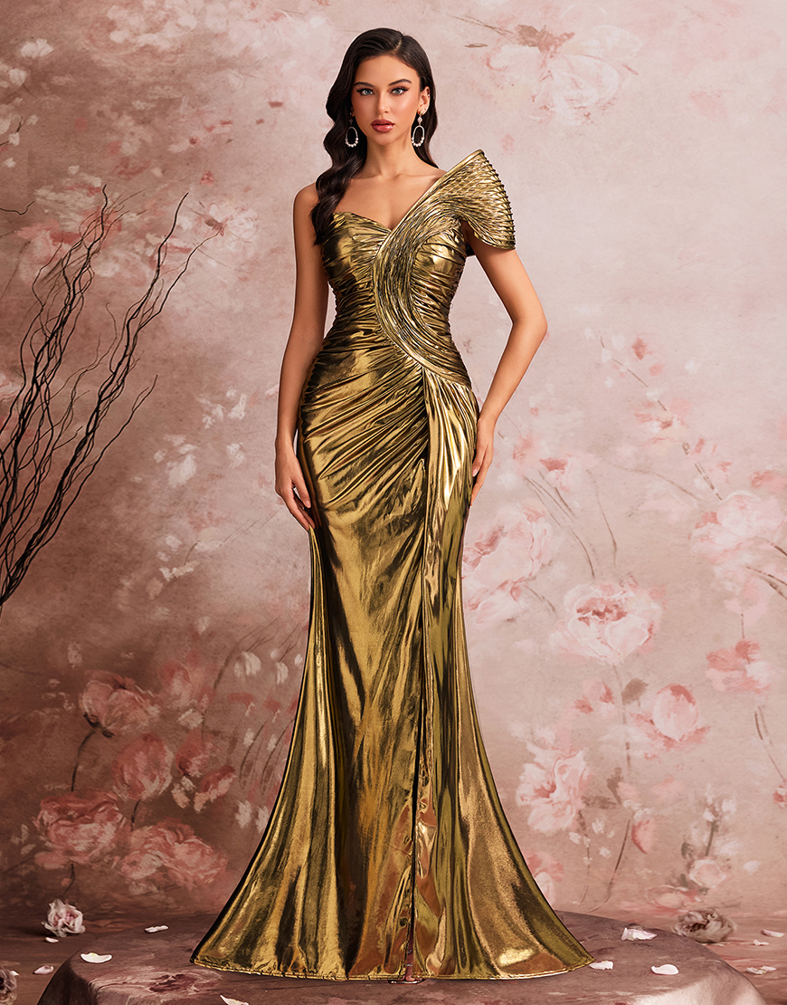 Mermaid Golden Metallic One Shoulder Ruched Long Prom Dress with Slit
