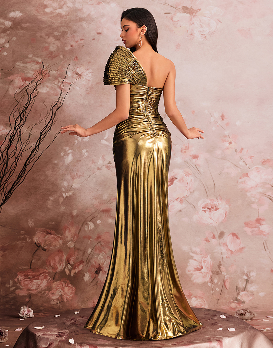 Mermaid Golden Metallic One Shoulder Ruched Long Prom Dress with Slit