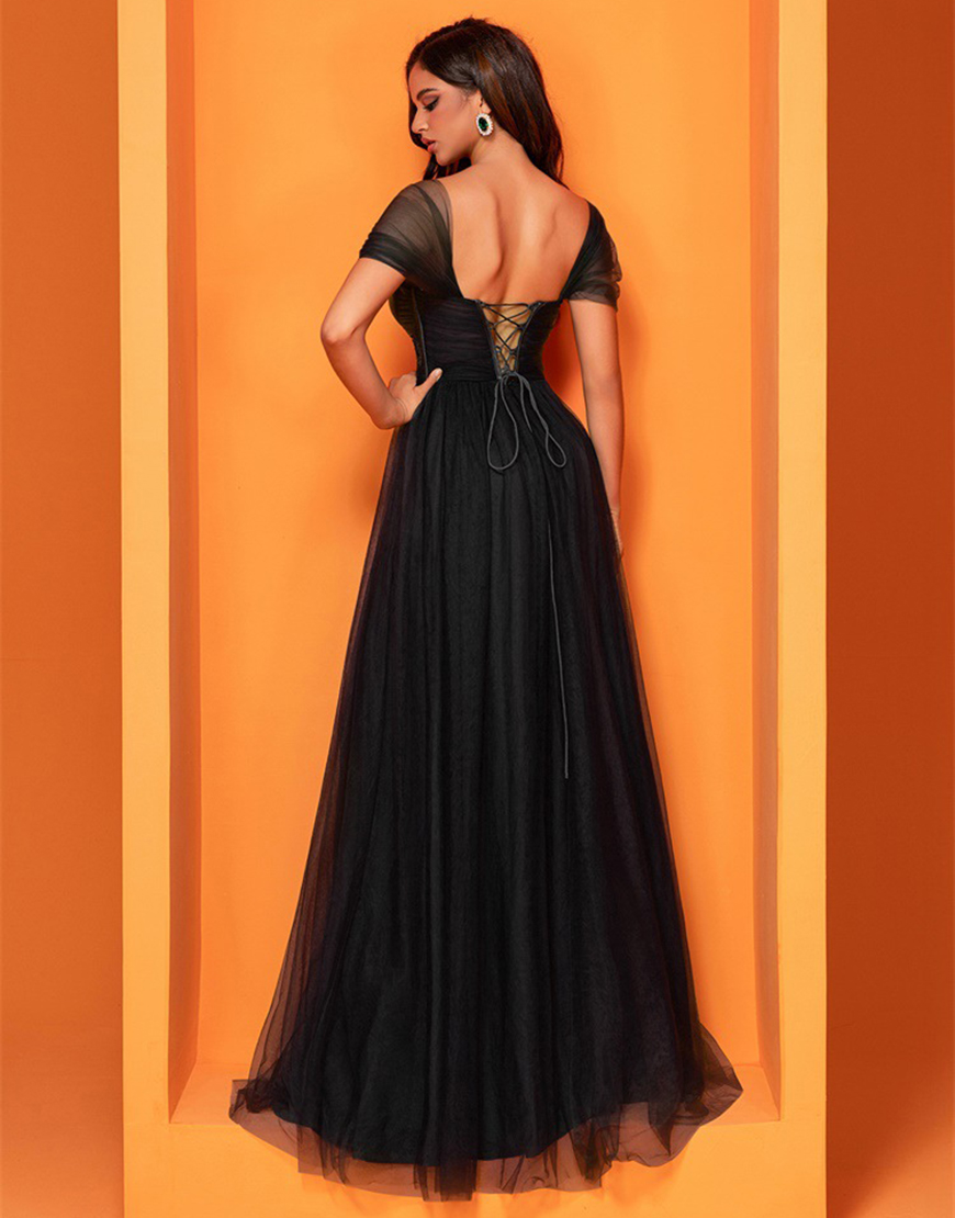 A Line Black Tulle Long Corset Prom Dress with Slit
