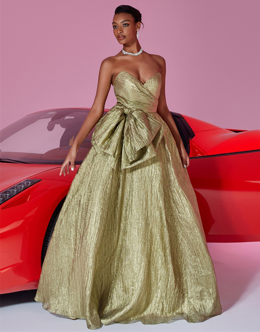 A Line Gold Metallic Sweetheart Long Prom Dress with Bow